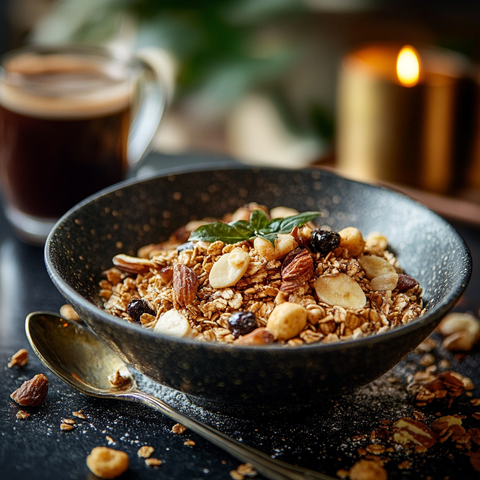 Ofengeröstetes Zimt-Granola mit Mølk Barista & karamellisierten Birnen