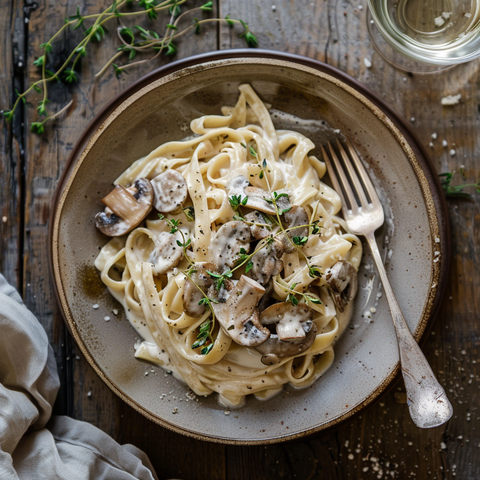 Vegane Champignon-Rahmsoße mit Bandnudeln