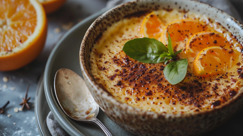 Vegane Hafermilch-Crème-Brûlée mit Orangen und Kardamom