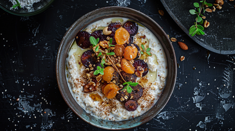 Vegane Hafermilch-Kardamom-Porridge mit karamellisierten Pflaumen und Nüssen