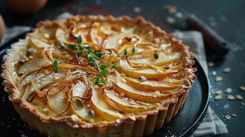 Herzhafte Hafermilch-Tarte mit karamellisierten Zwiebeln und Birnen