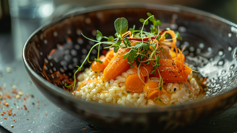 Veganes Safran-Risotto mit gerösteten Karotten und Mølk Barista Hafermilch