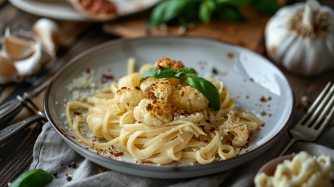 Vegane Blumenkohl-Pasta mit Zitronen-Knoblauch-Sauce und Mølk Barista Hafermilch