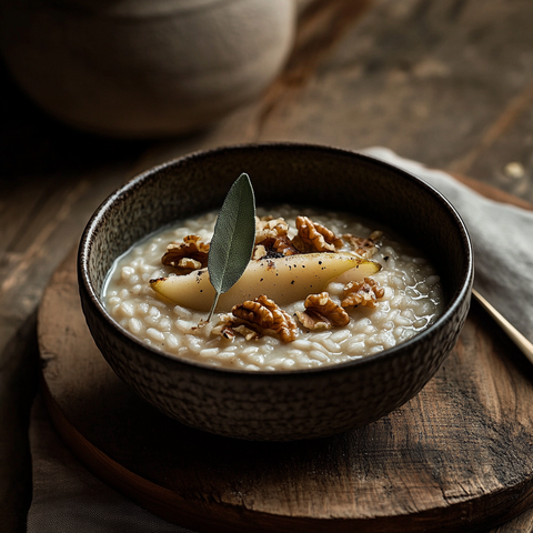 Herbstliches Hafermilch-Risotto mit Birne, Walnuss & Salbei
