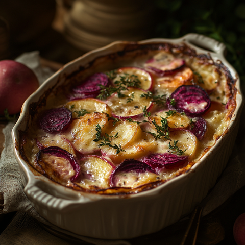 Herbstlicher Hafermilch-Rösti-Auflauf mit Roter Bete und Äpfeln – wärmend und herzhaft