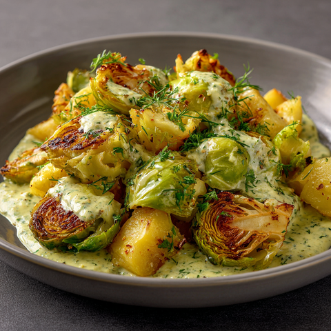 Gebratene Rosenkohl-Kartoffel-Pfanne mit Mølk Light-Senf-Sauce