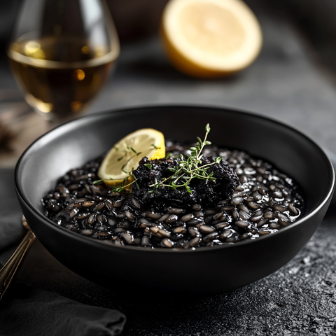Mølk-Risotto Nero mit schwarzem Knoblauch & Zitrone