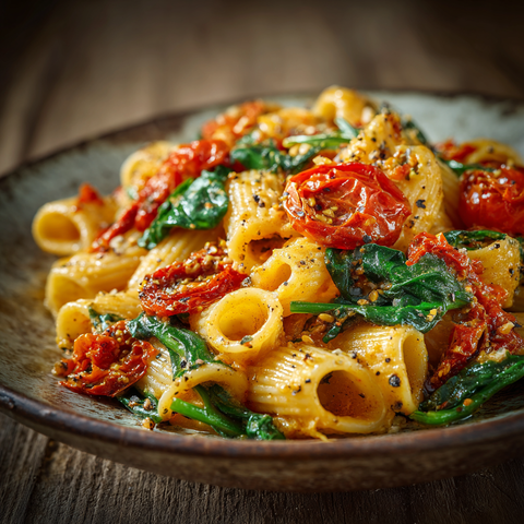 Pasta mit getrockneten Tomaten, Spinat & Mølk-Barista-Aioli