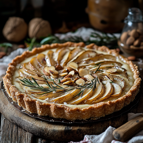 Vegane Hafermilch-Birnen-Tarte mit Rosmarin und Mandeln