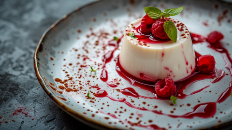 Vegane Mølk Barista Hafermilch-Panna-Cotta mit Himbeer-Balsamico-Reduktion